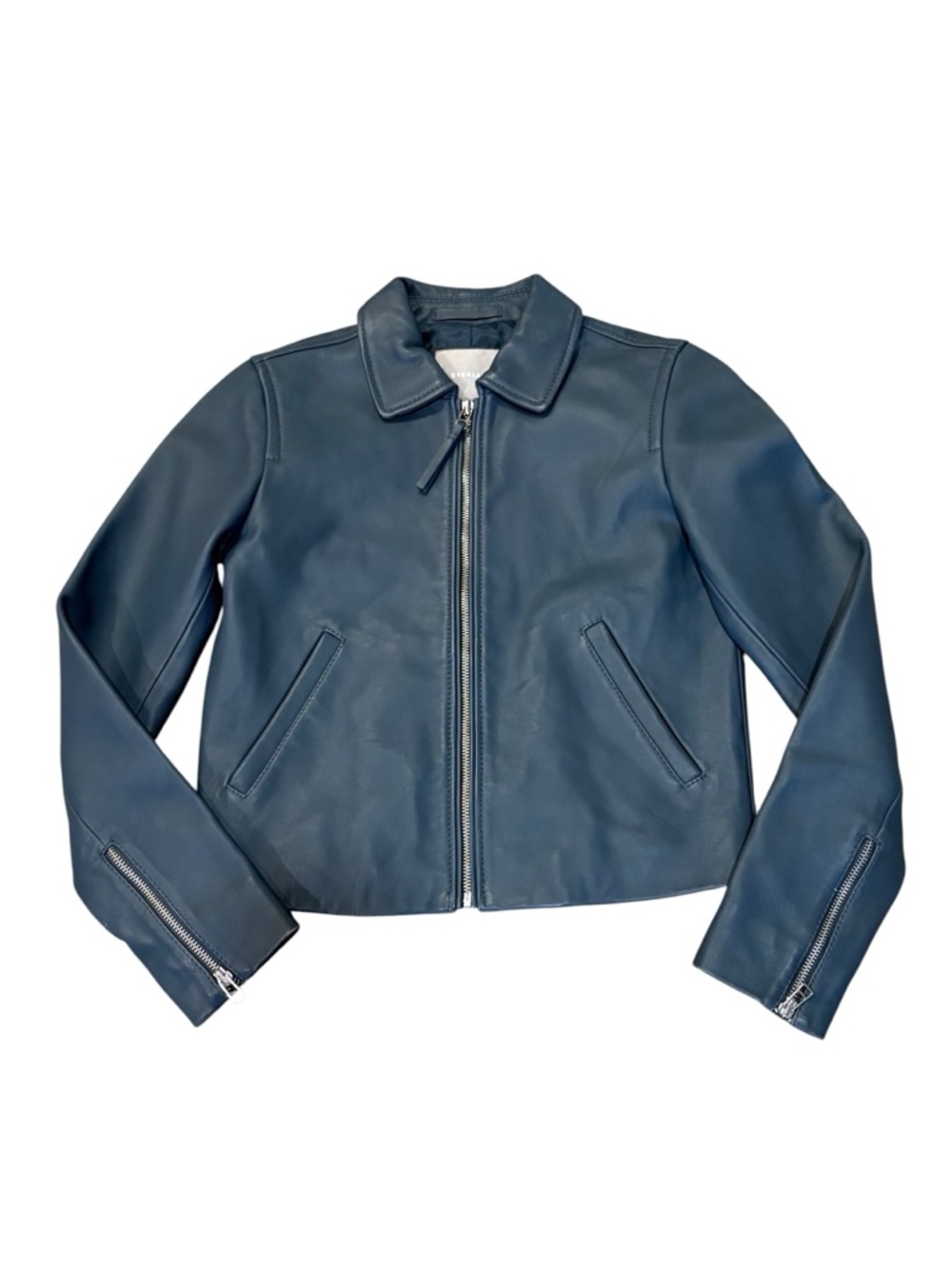 Everlane Modern Leather Zip Jacket with Classic Collar in Storm Blue - Picture 2 of 8